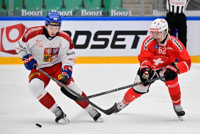 Czechia's Tomas Cibulka (L) and Switzerland's Denis Malgin in action during the ice hockey Euro Hockey Tour (EHT) Beijer Hockey Games match between Switzerland and Czechia at Catena Arena in Angelholm, Sweden, on May 10, 2026. (Photo by Johan Nilsson/TT / TT News Agency / AFP) / Sweden OUT