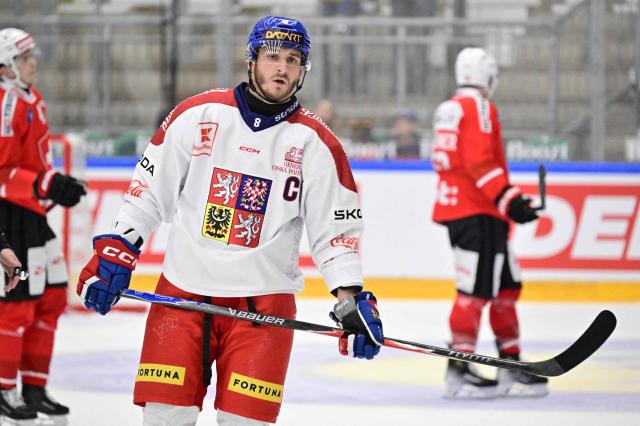 Czechia's Ondrej Beranek in action during the ice hockey Euro Hockey Tour (EHT) Beijer Hockey Games match between Switzerland and Czechia at Catena Arena in Angelholm, Sweden, on May 10, 2026. (Photo by Johan Nilsson/TT / TT News Agency / AFP) / Sweden OUT