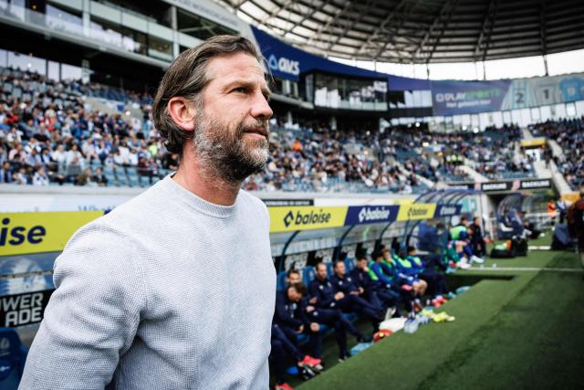 KAA Gent's Belgian head coach Rik De Mil looks on ahead of the Belgian "Pro League" First Division play-off football match between KAA Gent and RSC Anderlecht at the KAA Stadium in Ghent, northwestern Belgium on May 10, 2026. (Photo by KURT DESPLENTER / BELGA / AFP) / Belgium OUT