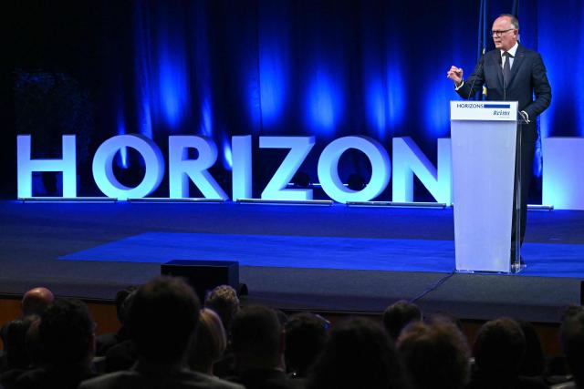 French right-wing party Horizons founder and president, mayor of Le Havre and candidate for the 2027 French presidential election Edouard Philippe addresses a party’s senior officials rally in Reims on May 10, 2026. (Photo by Martin BUREAU / AFP)