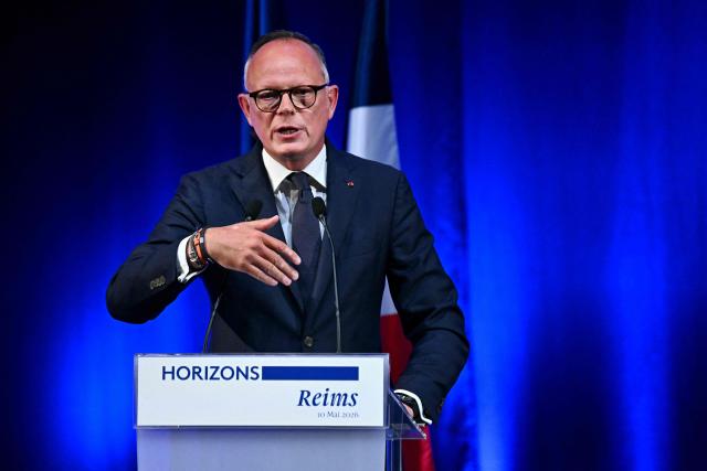 TOPSHOT - French right-wing party Horizons founder and president, mayor of Le Havre and candidate for the 2027 French presidential election Edouard Philippe addresses a party’s senior officials rally in Reims on May 10, 2026. (Photo by Martin BUREAU / AFP)