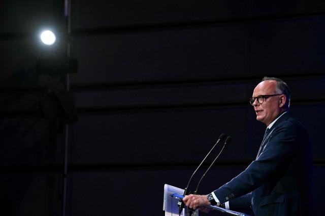 French right-wing party Horizons founder and president, mayor of Le Havre and candidate for the 2027 French presidential election Edouard Philippe addresses a party’s senior officials rally in Reims on May 10, 2026. (Photo by Martin BUREAU / AFP)