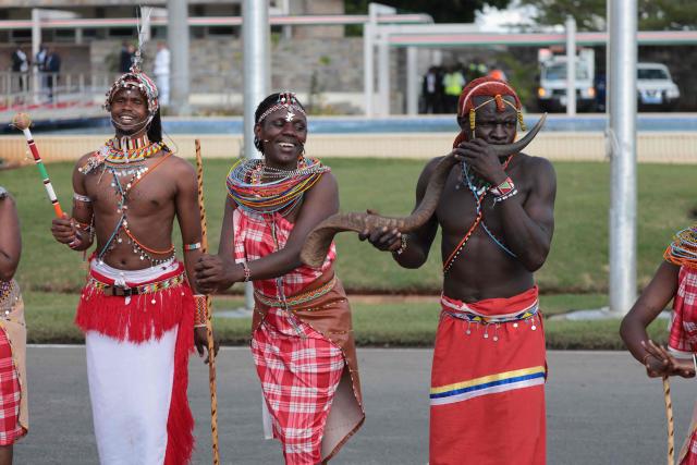 Traditional dancers sing and dance ahead of the arrival of France's President Emmanuel Macron ahead of the Africa Forward: Africa- France Partnerships for Innovation and Growth Summit in Nairobi, on May 10, 2026. Kenya and France will jointly host the “Africa Forward: Africa- France Partnerships for Innovation and Growth” Summit, which will bring together African and French Heads of State and Government. (Photo by Ludovic MARIN / AFP)