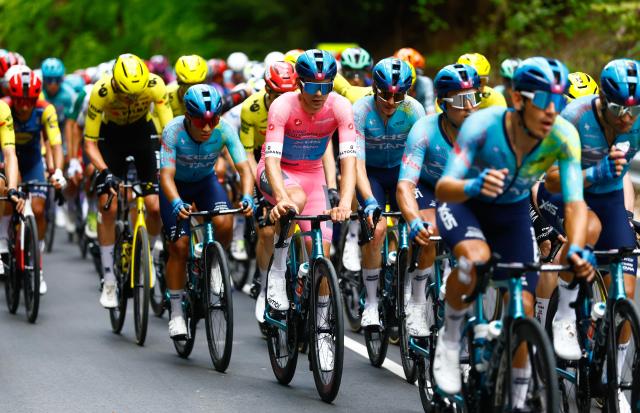 XDS Astana Team Uruguayan rider Guillermo Silva wearing the overall leader's pink jersey (Maglia Rosa) rides during the 3nd stage of the Giro d'Italia 2026 - Tour of Italy cycling race between Plovdiv and Sofia, Bulgaria, on May 10, 2026. (Photo by Luca Bettini / AFP)