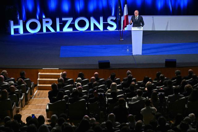French right-wing party Horizons founder and president, mayor of Le Havre and candidate for the 2027 French presidential election Edouard Philippe addresses a party’s senior officials rally in Reims on May 10, 2026. (Photo by Martin BUREAU / AFP)