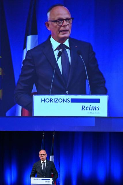 French right-wing party Horizons founder and president, mayor of Le Havre and candidate for the 2027 French presidential election Edouard Philippe addresses a party’s senior officials rally in Reims on May 10, 2026. (Photo by Martin BUREAU / AFP)