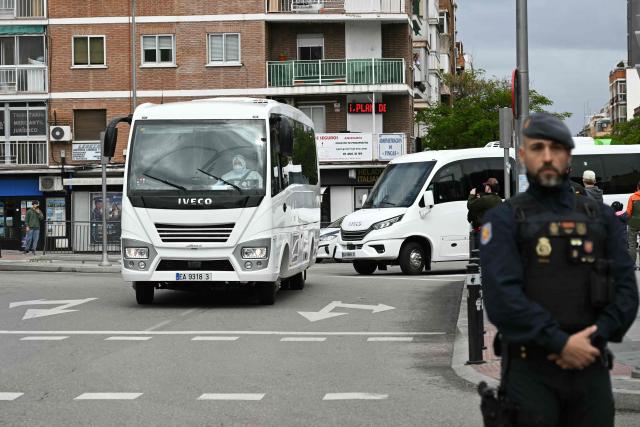 The convoy of Spanish passengers that were evacuated from the Dutch flagged hantavirus-stricken cruise ship MV Hondius arrives to the Gomez Ulla Defense Hospital in Madrid. on May 10, 2026. Repatriation flights for the nearly 150 passengers onboard the ship hit by a deadly hantavirus outbreak got underway as passengers and some crew members were transferred to shore on smaller vessels then by bus to the airport and then flown home after weeks at sea. (Photo by Javier SORIANO / AFP)
