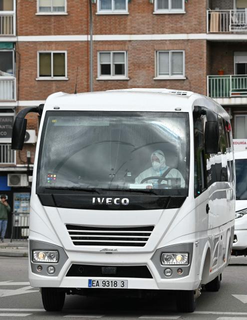 Spanish passengers that were evacuated from the Dutch flagged hantavirus-stricken cruise ship MV Hondius arrive to the Gomez Ulla Defense Hospital in Madrid. on May 10, 2026. Repatriation flights for the nearly 150 passengers onboard the ship hit by a deadly hantavirus outbreak got underway as passengers and some crew members were transferred to shore on smaller vessels then by bus to the airport and then flown home after weeks at sea. (Photo by Javier SORIANO / AFP)