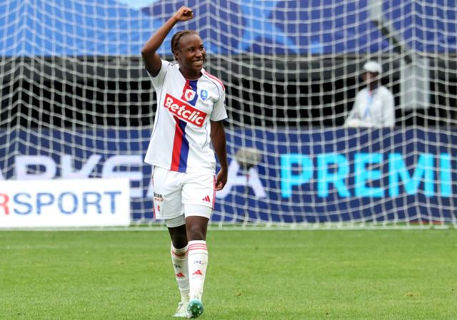 Lyon's French forward #07 Vicki Becho celebrates after scoring a goal during the final of the women French football Cup between Paris Saint-Germain (PSG) and Lyon at the Hainaut stadium in Valenciennes on May 10, 2026. (Photo by Francois LO PRESTI / AFP)