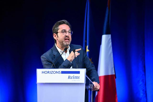 French right-wing party Horizons member and mayor of Reims Arnaud Robinet addresses a party’s senior officials rally in Reims on May 10, 2026. (Photo by Martin BUREAU / AFP)