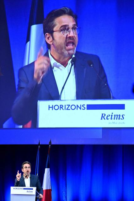 French right-wing party Horizons member and mayor of Reims Arnaud Robinet addresses a party’s senior officials rally in Reims on May 10, 2026. (Photo by Martin BUREAU / AFP)