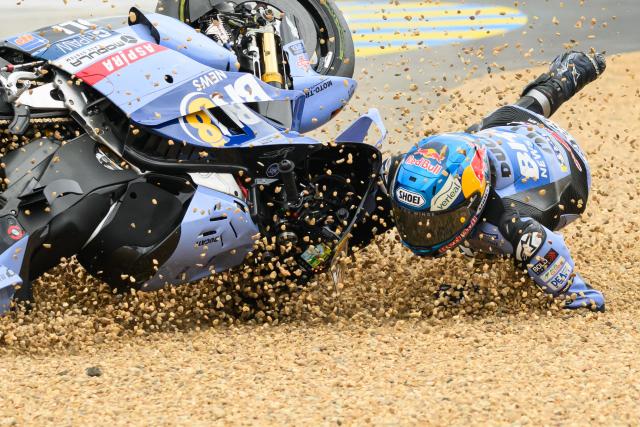 BK8 Gresini Racing MotoGP's Spanish rider Alex Marquez crashes out of the Moto GP Grand Prix of France at Le Mans, northwestern France, on May 10, 2026. (Photo by Loic VENANCE / AFP)