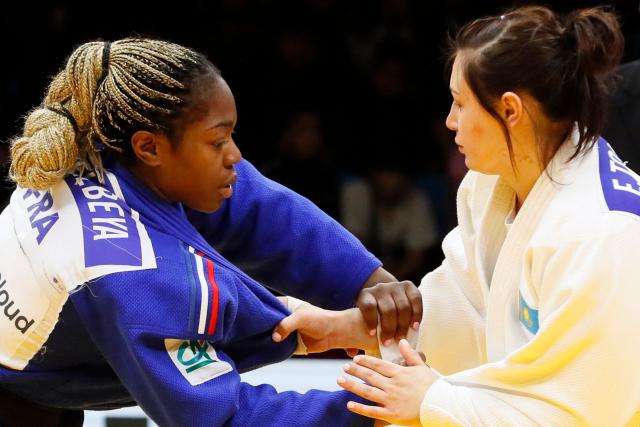 Kazakhstan's Ekaterina Tokareva (white) and France's Liz Ngelebeya compete in the women's under 78 kg bronze medal bout at the Astana Grand Slam judo tournament in Astana on May 10, 2026. (Photo by STANISLAV FILIPPOV / AFP)