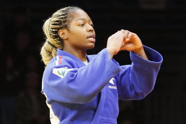 Kazakhstan's Ekaterina Tokareva (white) and France's Liz Ngelebeya compete in the women's under 78 kg bronze medal bout at the Astana Grand Slam judo tournament in Astana on May 10, 2026. (Photo by STANISLAV FILIPPOV / AFP)