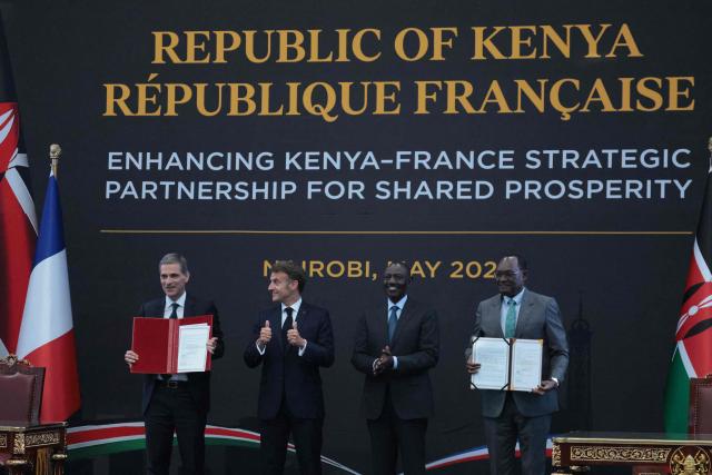 (From L) Chairman and Chief Executive Officer (CEO) of the CMA CGM Group Rodolphe Saade, France's President Emmanuel Macron, Kenya's President William Ruto and Kenya's Principal Secretary for National Treasury Chris Kiptoo pose for a photograph after signing an agreement during a reception at State House ahead of the Africa Forward: Africa- France Partnerships for Innovation and Growth Summit in Nairobi, on May 10, 2026. Kenya and France will jointly host the “Africa Forward: Africa- France Partnerships for Innovation and Growth” Summit, which will bring together African and French Heads of State and Government. (Photo by Ludovic MARIN / AFP)