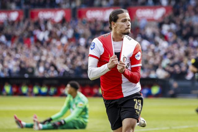 Feyenoord's French forward #23 Anis Hadj Moussa celebrates scoring a goal during the Dutch Eredivisie football match between Feyenoord and AZ Alkmaar at The Feyenoord "De Kuip" Stadium in Rotterdam on May 10, 2026. (Photo by Bas Czerwinski / ANP / AFP) / Netherlands OUT