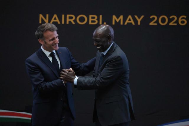 France's President Emmanuel Macron (L) shakes hands with Kenya's President William Ruto (R) during the signing of bilateral agreements at State House ahead of the Africa Forward: Africa- France Partnerships for Innovation and Growth Summit in Nairobi, on May 10, 2026. Kenya and France will jointly host the “Africa Forward: Africa- France Partnerships for Innovation and Growth” Summit, which will bring together African and French Heads of State and Government. (Photo by Ludovic MARIN / AFP)
