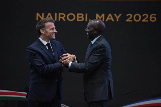 France's President Emmanuel Macron (L) shakes hands with Kenya's President William Ruto (R) during the signing of bilateral agreements at State House ahead of the Africa Forward: Africa- France Partnerships for Innovation and Growth Summit in Nairobi, on May 10, 2026. Kenya and France will jointly host the “Africa Forward: Africa- France Partnerships for Innovation and Growth” Summit, which will bring together African and French Heads of State and Government. (Photo by Ludovic MARIN / AFP)