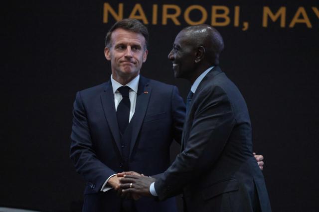 France's President Emmanuel Macron (L) shakes hands with Kenya's President William Ruto (R) during the signing of bilateral agreements at State House ahead of the Africa Forward: Africa- France Partnerships for Innovation and Growth Summit in Nairobi, on May 10, 2026. Kenya and France will jointly host the “Africa Forward: Africa- France Partnerships for Innovation and Growth” Summit, which will bring together African and French Heads of State and Government. (Photo by Ludovic MARIN / AFP)