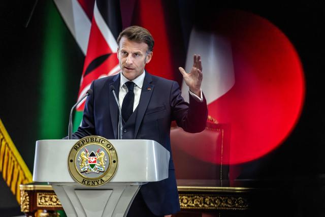 TOPSHOT - French President Emmanuel Macron speaks during the signing of bilateral agreements with Kenya at State House ahead of the Africa Forward: Africa- France Partnerships for Innovation and Growth Summit in Nairobi, on May 10, 2026. Kenya and France will jointly host the “Africa Forward: Africa- France Partnerships for Innovation and Growth” Summit, which will bring together African and French Heads of State and Government. (Photo by Luis TATO / AFP)