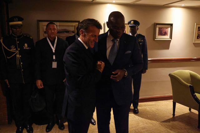 France's President Emmanuel Macron (C) greets Gabon's President Brice Oligui Nguema (CR) during a bilateral meeting ahead of the Africa Forward: Africa- France Partnerships for Innovation and Growth Summit in Nairobi, on May 10, 2026. Kenya and France will jointly host the “Africa Forward: Africa- France Partnerships for Innovation and Growth” Summit, which will bring together African and French Heads of State and Government. (Photo by Ludovic MARIN / AFP)