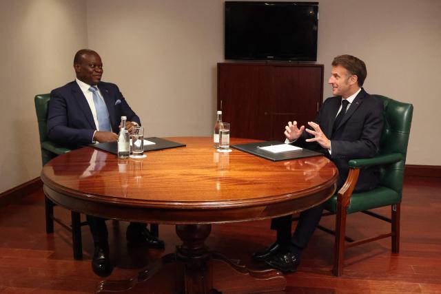 Gabon's President Brice Oligui Nguema (L) speaks with France's President Emmanuel Macron (R) during a bilateral meeting ahead of the Africa Forward: Africa- France Partnerships for Innovation and Growth Summit in Nairobi, on May 10, 2026. Kenya and France will jointly host the “Africa Forward: Africa- France Partnerships for Innovation and Growth” Summit, which will bring together African and French Heads of State and Government. (Photo by Ludovic MARIN / AFP)