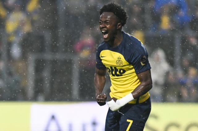 Royale Union Saint-Gilloise's Ghanaian forward Mohammed Fuseini celebrates after scoring a goal during the Belgian "Pro League" Champions' play-off (day 7 out of 10) football match between Royale Union Saint-Gilloise and KV Mechelen at the Joseph Marien Stadium in Brussels on May 10, 2026. (Photo by JILL DELSAUX / BELGA / AFP) / Belgium OUT