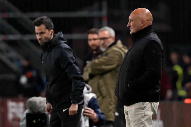 Lorient's French head coach Olivier Pantaloni looks on during the French L1 football match between FC Metz and FC Lorient at Saint-Symphorien stadium in Longeville-les-Metz, northeastern France, on May 10, 2026. (Photo by Jean-Christophe VERHAEGEN / AFP)