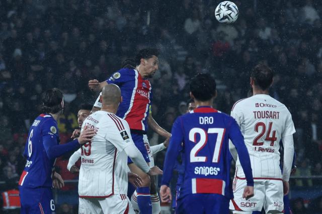 Paris Saint-Germain's Brazilian defender #05 Marquinhos heads the ball during the French L1 football match between Paris Saint-Germain (PSG) and Stade Brestois 29 (Brest) at the Parc des Princes stadium in Paris on May 10, 2026. (Photo by Xavier GALIANA / AFP)