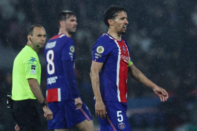 Paris Saint-Germain's Brazilian defender #05 Marquinhos looks on during the French L1 football match between Paris Saint-Germain (PSG) and Stade Brestois 29 (Brest) at the Parc des Princes stadium in Paris on May 10, 2026. (Photo by Xavier GALIANA / AFP)