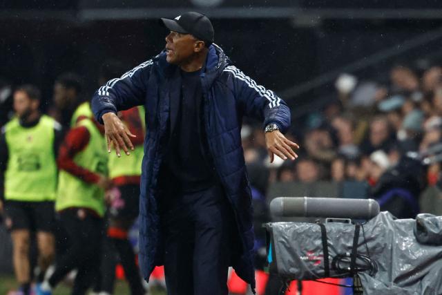 Paris FC's French head coach Antoine Kombouare reacts from the sidelines during the French L1 football match between Stade Rennais FC and Paris FC at the Roazhon Park stadium in Rennes, western France on May 10, 2026. (Photo by SIMON WOHLFAHRT / AFP)
