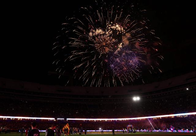 Barcelona's team celebrate winning the 2025-2026 Spanish League after the Spanish league football match between FC Barcelona and Real Madrid CF at Camp Nou Stadium in Barcelona on May 10, 2026. (Photo by Josep LAGO / AFP)
