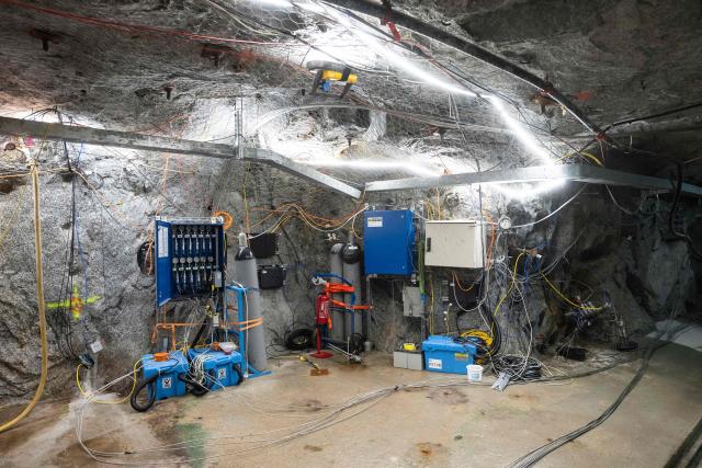 This photograph taken on April 29, 2026 shows measuring instruments in the BedrettoLab, a unique underground research facility operated by the Federal Institute of Technology Zurich, located 1500m beneath the Swiss Alps within a 5.2 km tunnel near Bedretto. Researchers have made the ground shake triggering thousands of tiny earthquakes in a monitored setting, as they seek to discover seismicity insights that can reduce risks. (Photo by Ennio LEANZA / AFP)