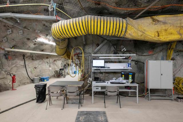 This photograph taken on April 29, 2026 shows measuring instruments in the BedrettoLab, a unique underground research facility operated by the Federal Institute of Technology Zurich, located 1500m beneath the Swiss Alps within a 5.2 km tunnel near Bedretto. Researchers have made the ground shake triggering thousands of tiny earthquakes in a monitored setting, as they seek to discover seismicity insights that can reduce risks. (Photo by Ennio LEANZA / AFP)