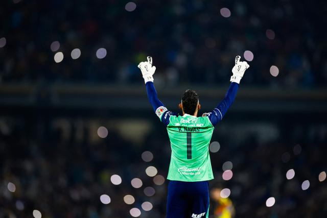 Pumas' Costa Rican goalkeeper #01 Keylor Navas celebrates at the end of the Liga MX Clausura quarter-final second leg football match between Pumas and America at Olimpico Universitario stadium in Mexico City on May 10, 2026. (Photo by Rodrigo Oropeza / AFP)
