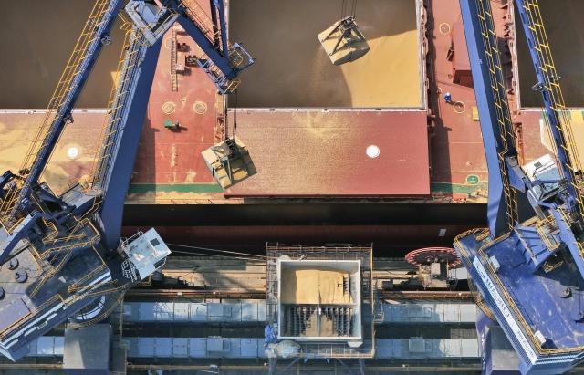 A batch of soybeans imported from Brazil is being unloaded from a ship at a grain terminal in Yantai, in eastern China's Shandong province on May 11, 2026. (Photo by CN-STR / AFP) / China OUT