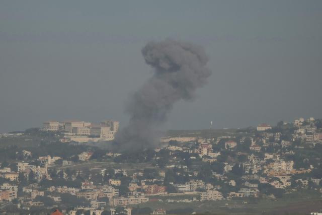 A photograph taken from the southern Lebanese area of Marjeyoun shows smoke as it rises from the site of an Israeli airstrike that targeted the village of Choukine on May 11, 2026. Lebanon was drawn into the Middle East war on March 2 when Tehran-backed militant group Hezbollah launched attacks on Israel to avenge the killing of the Iranian leader. Israel has responded with broad strikes across Lebanon and a ground offensive. Lebanon's health ministry on May 10, 2026, raised the overall death toll from Israeli strikes since war erupted to 2,846 killed, including 108 health and emergency workers. (Photo by AFP)