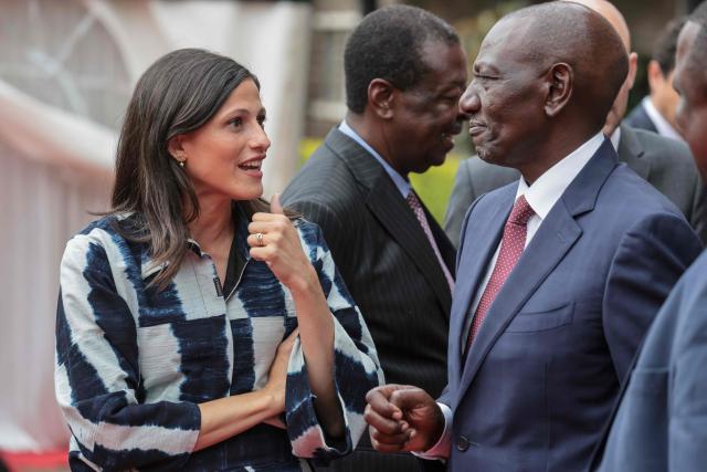 France's Minister Delegate for Francophonie Eleonore Caroit (L) speaks with Kenya's President William Ruto (R) ahead of the Africa Forward summit in Nairobi on May 11, 2026. (Photo by Ludovic MARIN / AFP)