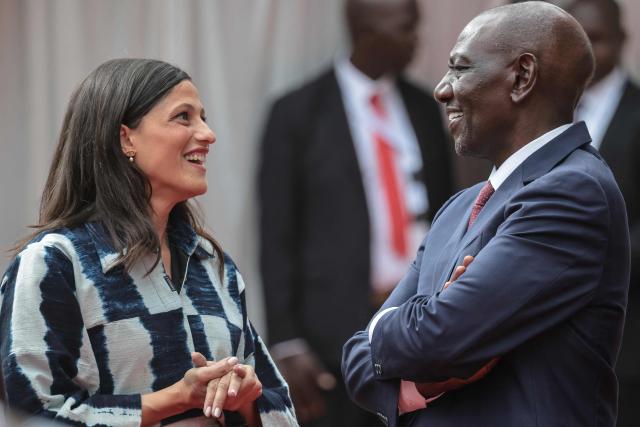 France's Minister Delegate for Francophonie Eleonore Caroit (L) speaks with Kenya's President William Ruto (R) ahead of the Africa Forward summit in Nairobi on May 11, 2026. (Photo by Ludovic MARIN / AFP)