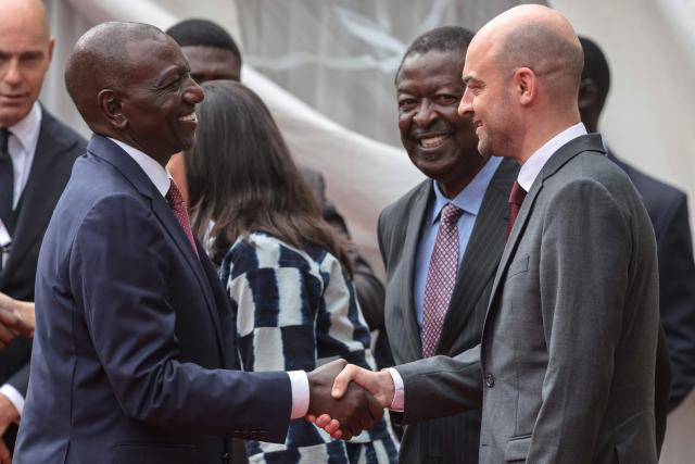 Kenya's President William Ruto (L) shakes hands with France's Foreign Affairs Minister Jean-Noel Barrot (R) ahead of the Africa Forward summit in Nairobi on May 11, 2026. (Photo by Ludovic MARIN / AFP)