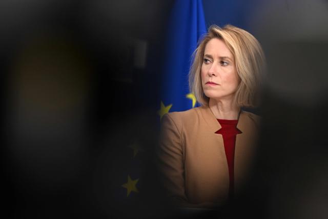 (FILES) EU High Representative and Vice-President for Foreign Affairs and Security Policy Kaja Kallas listens during a joint press statement with Norwegian Minister for Foreign Affairs and Palestinian Prime Minister before a Ad Hoc Liaison Committee (AHLC) Ministerial Meeting, in Brussels on April 20, 2026. The EU was expected May 11, 2026 to agree new sanctions on Israeli settlers over violence against Palestinians, the bloc's top diplomat said, as a change of government in Hungary ends months of blockage. "I expect political agreement on the sanctions on violent settlers, hopefully we will get there," EU foreign policy chief Kaja Kallas said ahead of a meeting of EU foreign ministers. (Photo by Nicolas TUCAT / AFP)