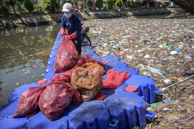 Activists from ECOTON (Ecological Observation and Wetland Conservations) and workers from the city government’s Environmental Agency clean trash from the Kali Tebu River in Surabaya, Indonesia's East Java province, on May 11, 2026. (Photo by JUNI KRISWANTO / AFP)