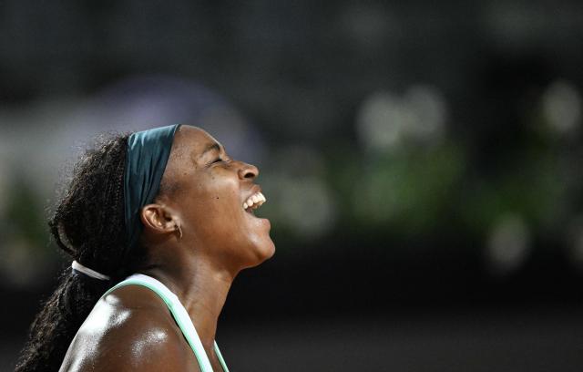 USA's Coco Gauff celebrates after winning against Russia's Mirra Andreeva in the ATP Rome Open tennis tournament at Foro Italico in Rome on May 12, 2026. (Photo by Tiziana FABI / AFP)