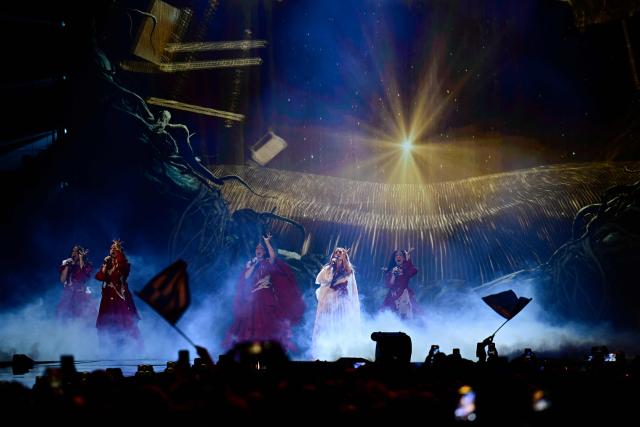 Croatian singers of band Lelek and representing Croatia with the song 'Andromeda'  perform during the first semi-final of the Eurovision Song Contest 2026 (ESC) at Wiener Stadthalle in Vienna, Austria on May 12, 2026. (Photo by Tobias SCHWARZ / AFP)