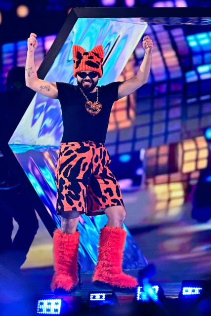 Greek singer Akylas Mytilinaios, aka Akylas and representing Greece with the song 'Ferto', performs during the first semi-final of the Eurovision Song Contest 2026 (ESC) at Wiener Stadthalle in Vienna, Austria on May 12, 2026. (Photo by Tobias SCHWARZ / AFP)