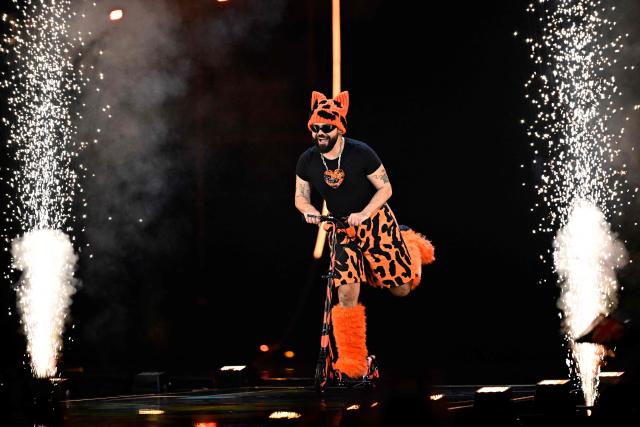 Greek singer Akylas Mytilinaios, aka Akylas and representing Greece with the song 'Ferto', performs during the first semi-final of the Eurovision Song Contest 2026 (ESC) at Wiener Stadthalle in Vienna, Austria on May 12, 2026. (Photo by Tobias SCHWARZ / AFP)