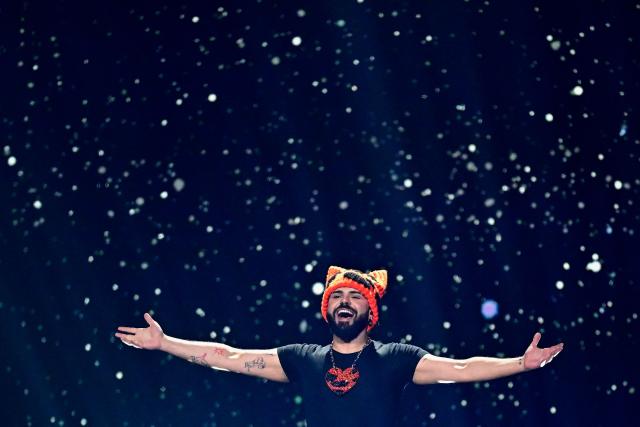 Greek singer Akylas Mytilinaios, aka Akylas and representing Greece with the song 'Ferto', performs during the first semi-final of the Eurovision Song Contest 2026 (ESC) at Wiener Stadthalle in Vienna, Austria on May 12, 2026. (Photo by Tobias SCHWARZ / AFP)