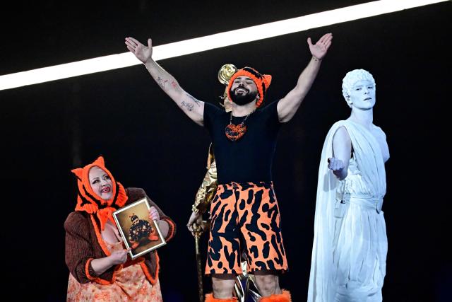 Greek singer Akylas Mytilinaios, aka Akylas and representing Greece with the song 'Ferto', performs during the first semi-final of the Eurovision Song Contest 2026 (ESC) at Wiener Stadthalle in Vienna, Austria on May 12, 2026. (Photo by Tobias SCHWARZ / AFP)