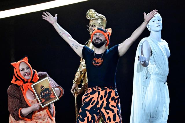 Greek singer Akylas Mytilinaios, aka Akylas and representing Greece with the song 'Ferto', performs during the first semi-final of the Eurovision Song Contest 2026 (ESC) at Wiener Stadthalle in Vienna, Austria on May 12, 2026. (Photo by Tobias SCHWARZ / AFP)