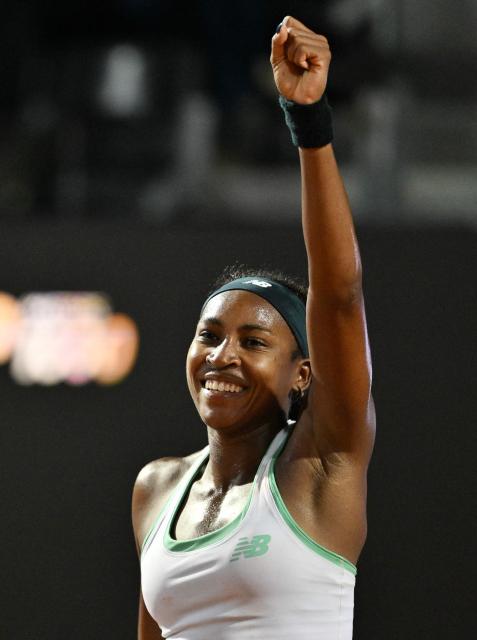 USA's Coco Gauff celebrates after winning against Russia's Mirra Andreeva in the ATP Rome Open tennis tournament at Foro Italico in Rome on May 12, 2026. (Photo by Tiziana FABI / AFP)